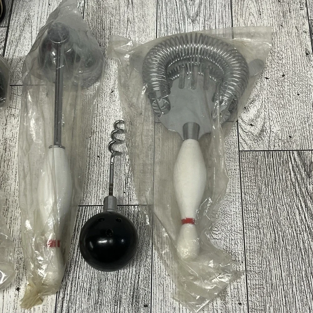 VTG Bowling 300 Bar‎ Set Cocktail Tools Pin & Ball Handles Mini Bag MCM NOS